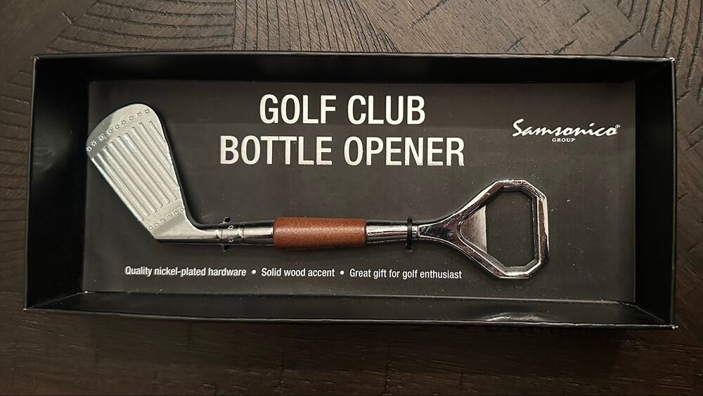 Samsonico Golf Club Bottle Opener Nickel Plated Wood Golfer Gift New in Box